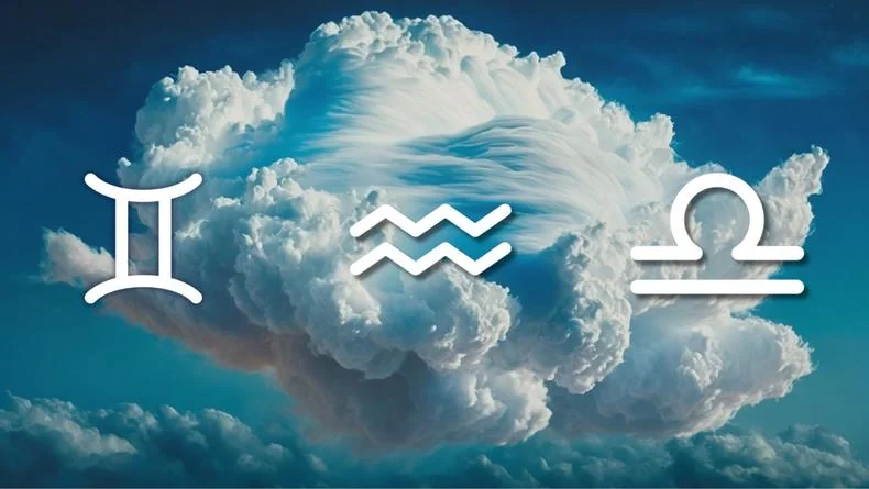 Знаки Зодіаку Близнюки, Водолій та Терези на тлі хмари