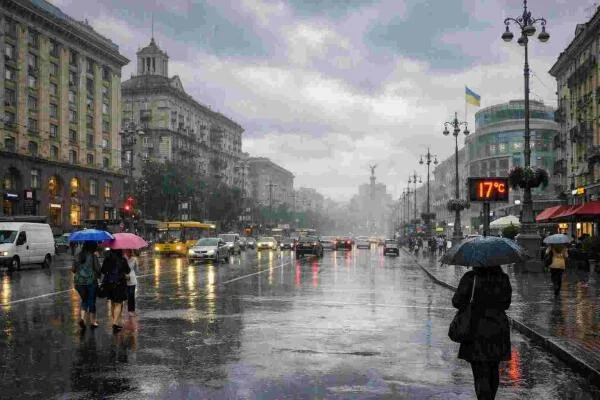 Дощ у Києві з людьми під парасольками та вивіскою 17°C на вулиці
