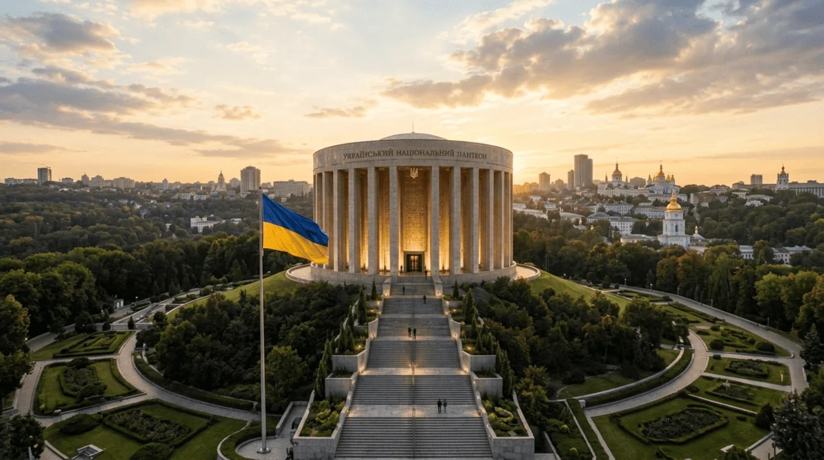 Український національний пантеон з прапором України на заході сонця