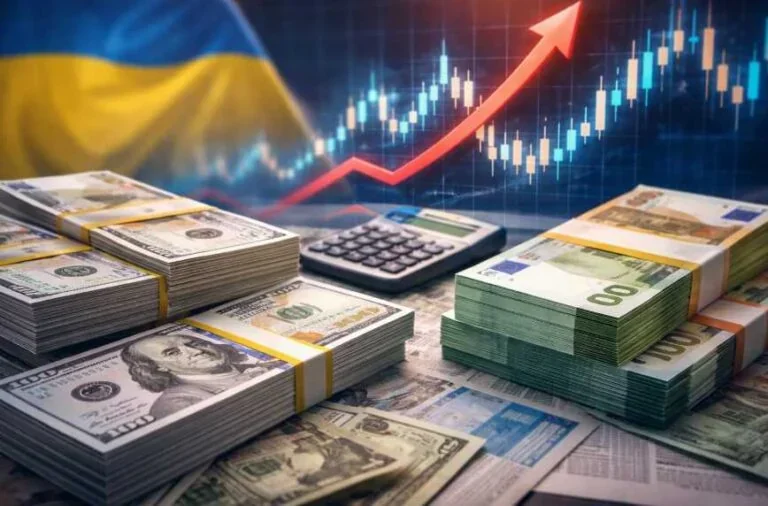 Пачки доларів і євро на тлі графіка зростання курсу в Україні