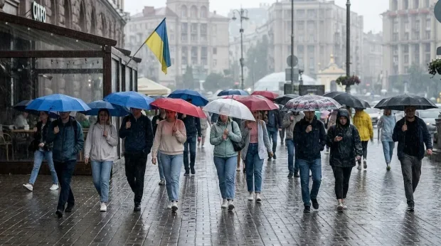 Люди з парасольками йдуть під дощем на вулиці Києва у вихідні