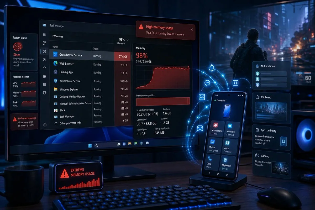 Диспетчер завдань Windows 11: Cross Device Service споживає 27 ГБ RAM через Phone Link