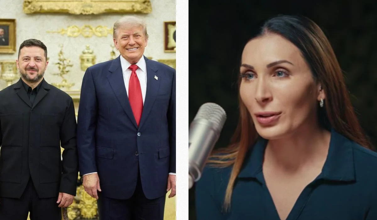 Зеленський і Трамп усміхаються разом, поруч Лора Лумер говорить в мікрофон