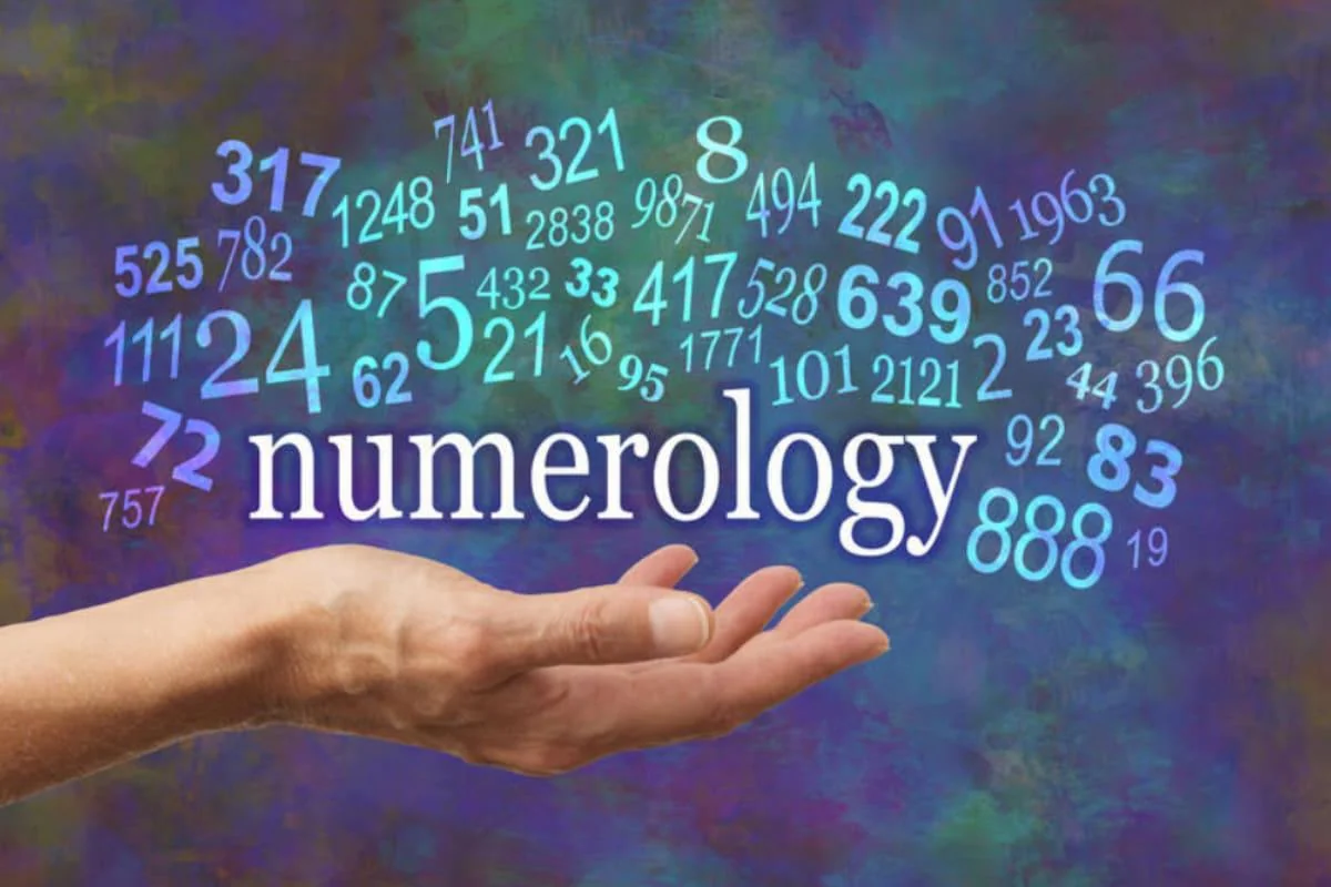 Відкрита долоня тримає світящі цифри та слово numerology на кольоровому фоні